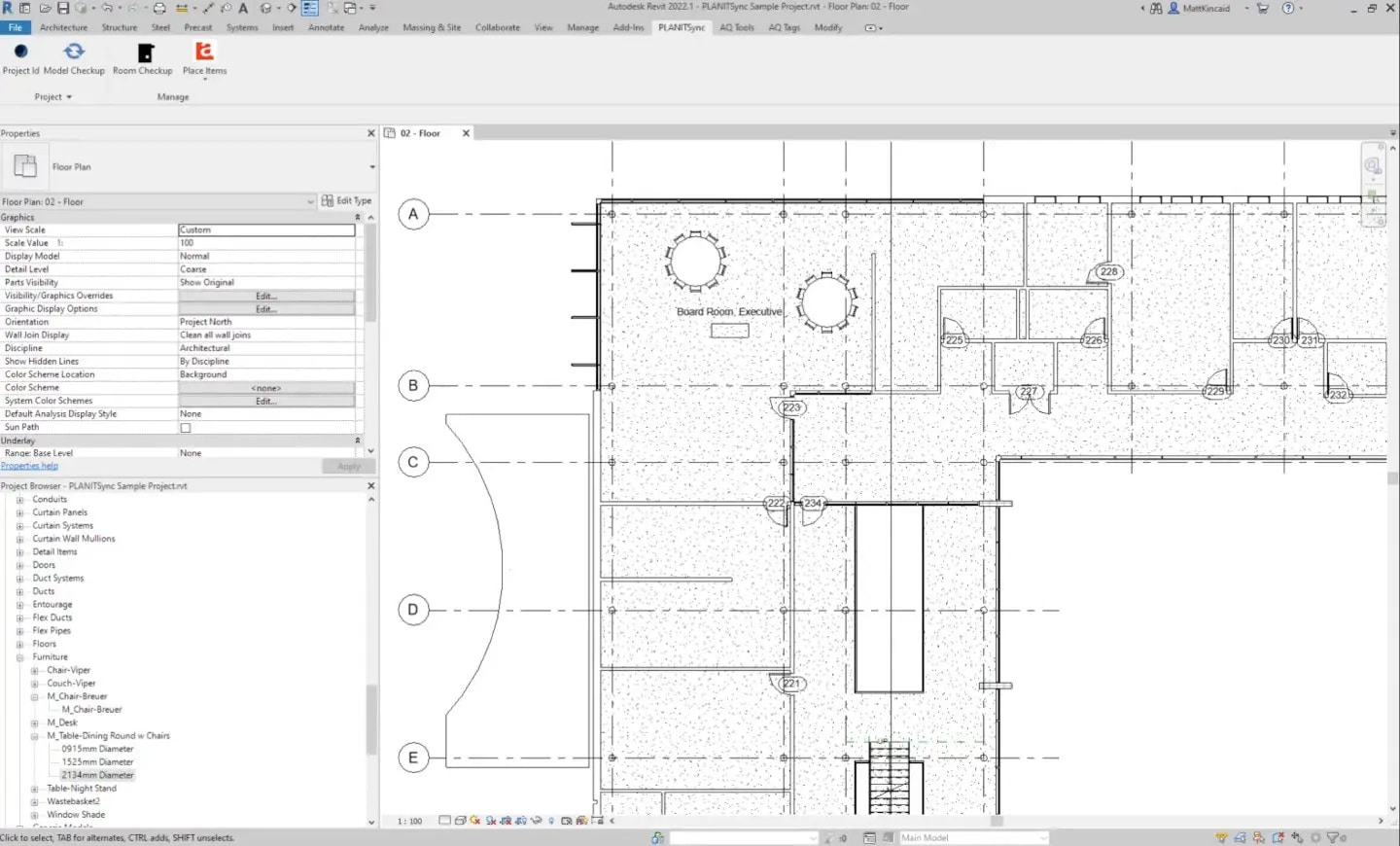 Floor plan displayed in architectural design software, showing room layouts, walls, doors, windows, furniture symbols, and various design tools and properties panels on the screen.