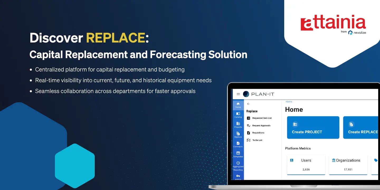 A promotional image for the REPLACE Capital Replacement and Forecasting Solution, showing software features on a laptop and listing key benefits on the left.