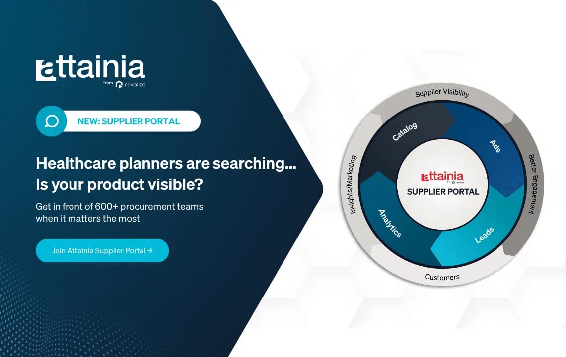 Attainia Supplier Portal promotional graphic with a call to join, and a circular diagram showing catalog, analytics, leads, and buyer engagement around supplier visibility.