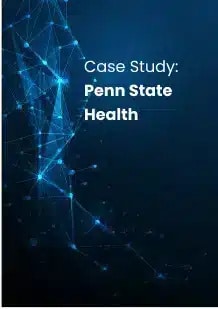 Cover image with a dark blue digital network pattern and the text Case Study: Penn State Health in white font on the right side.