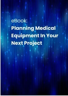 Cover page with blue vertical lines and white text reading: eBook: Planning Medical Equipment In Your Next Project.