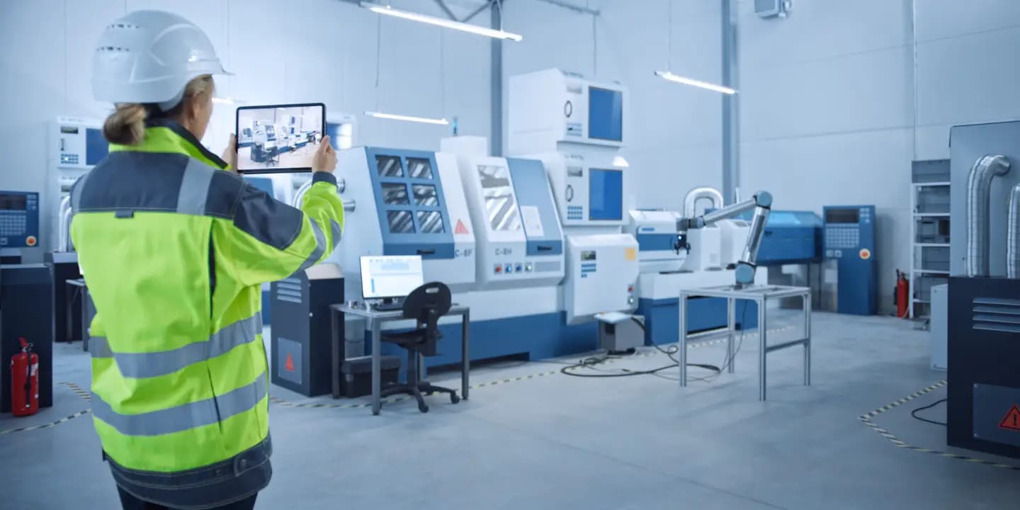 A person in safety gear uses a tablet to inspect or monitor automated machinery in a modern industrial factory setting.