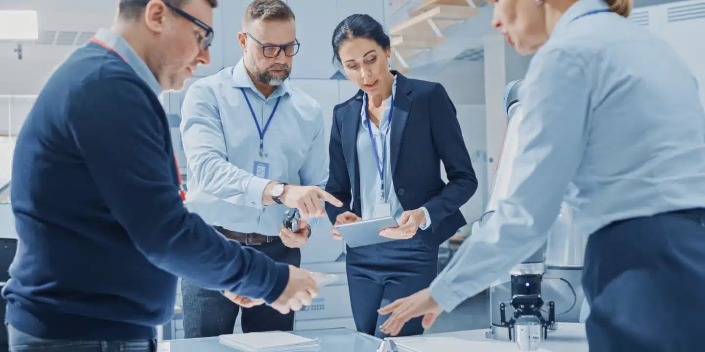 Four professionals in business attire collaborate around a table with documents and a tablet in a modern office setting.