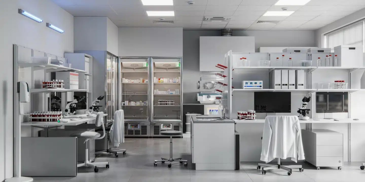 Modern laboratory with workstations, microscopes, lab equipment, shelves with bottles and supplies, refrigerators, and bright overhead lighting. No people are present.