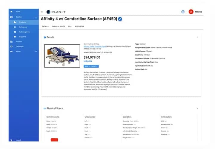 A product page for the Affinity 4 bed with Comfortline Surface displays details, price, image, specifications, and a blue sidebar menu on the left.