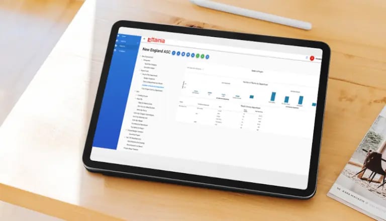 A tablet displaying a data analytics dashboard with charts and graphs on a wooden desk next to a magazine.